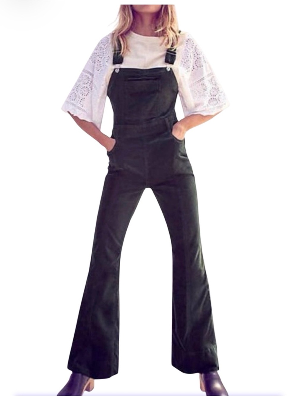 Pilcro Black Fit Flared Velvet Overalls 27 - Picture 2 of 14